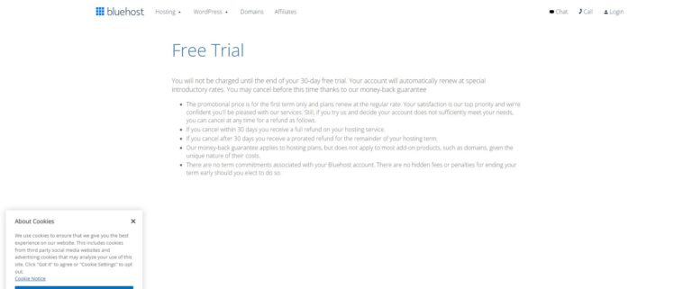 screenshot of the bluehost free trial homepage