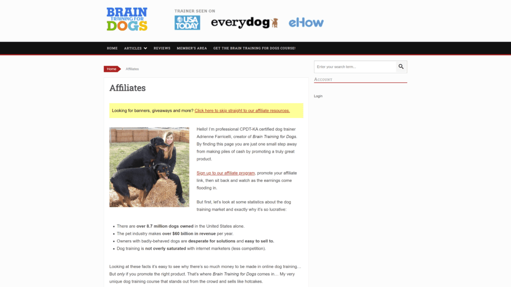 screenshot of the brain training for dogs affiliate program homepage