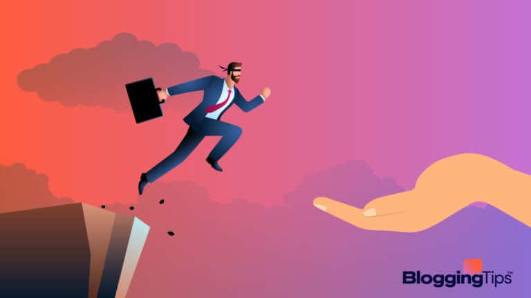 vector graphic showing an illustration of brand honesty - a business person jumping off a cliff blindfolded and into somebody's hand