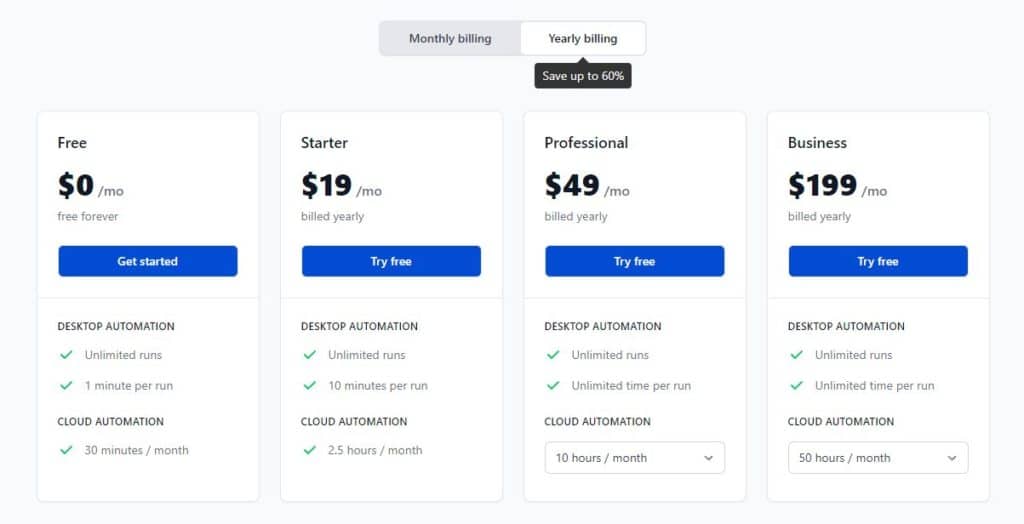 screenshot of the browserflow pricing table