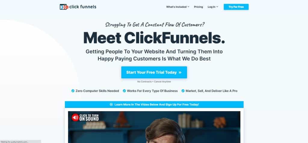 screenshot showing the clickfunnels free trial homepage
