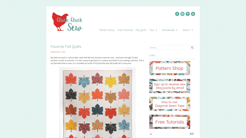 screenshot of the cluck cluck sew homepage