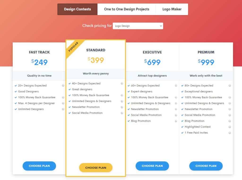 screenshot of the designhill pricing table
