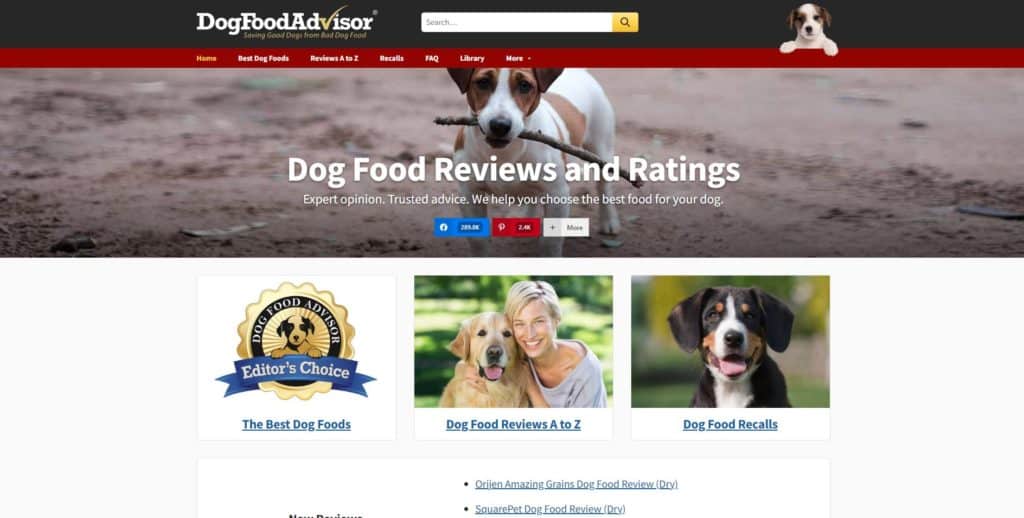 screenshot of the dogfood advisor homepage