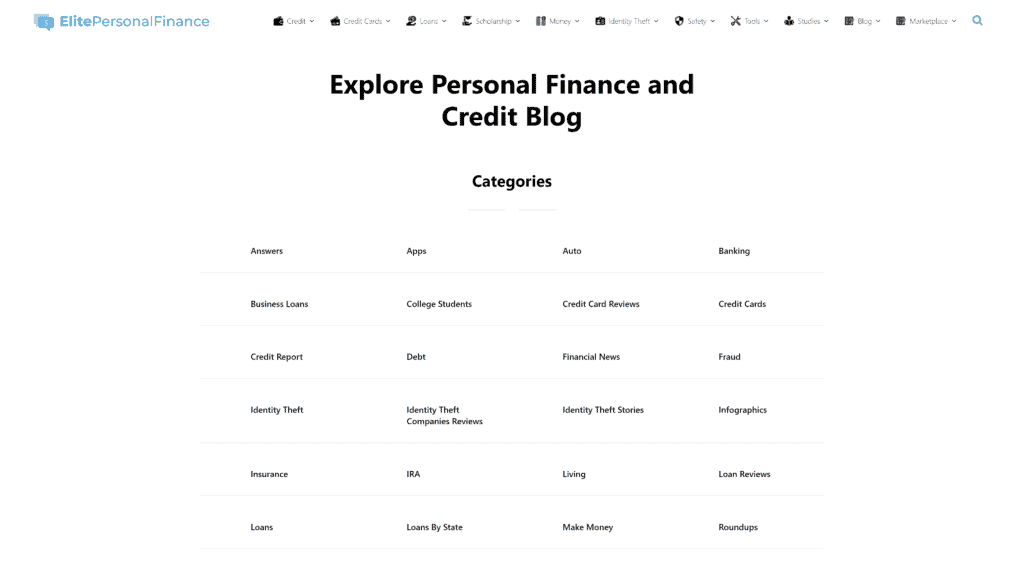 screenshot of the elitepersonalfinance homepage