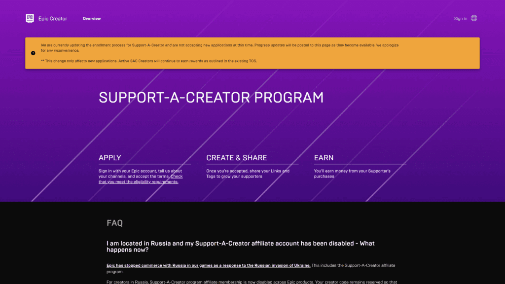screenshot of the epic games affiliate program homepage