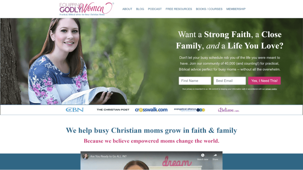 screenshot of the equipping godly women homepage