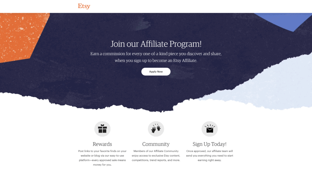 screenshot of the etsy affiliate program homepage