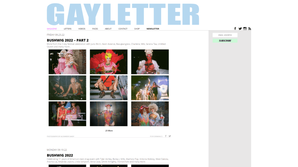 screenshot of the gay letter homepage