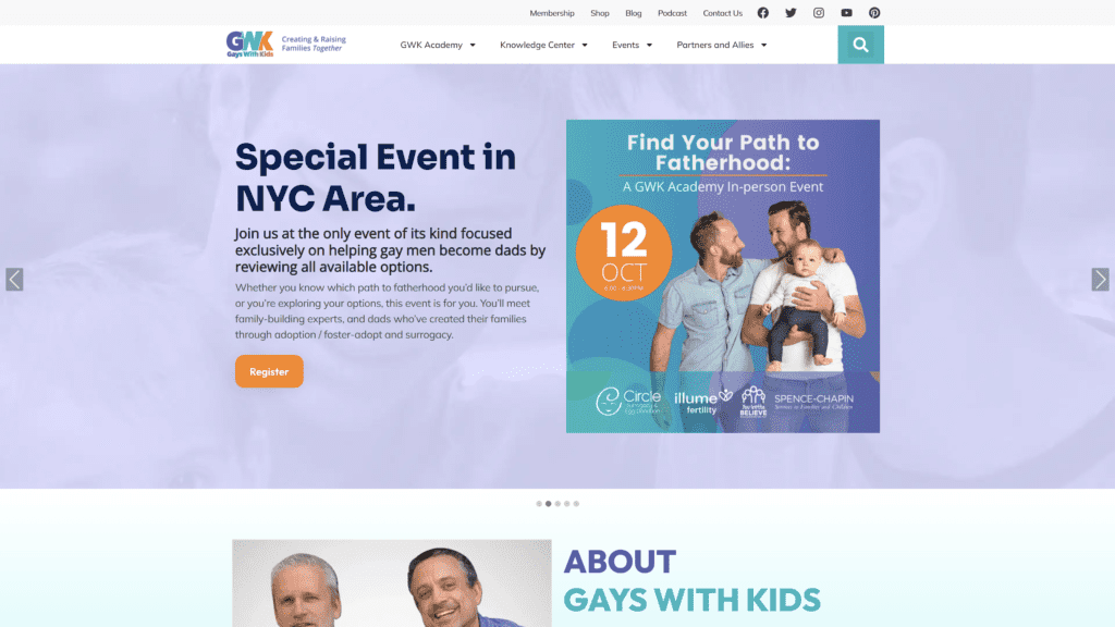 screenshot of the gay with kids homepage