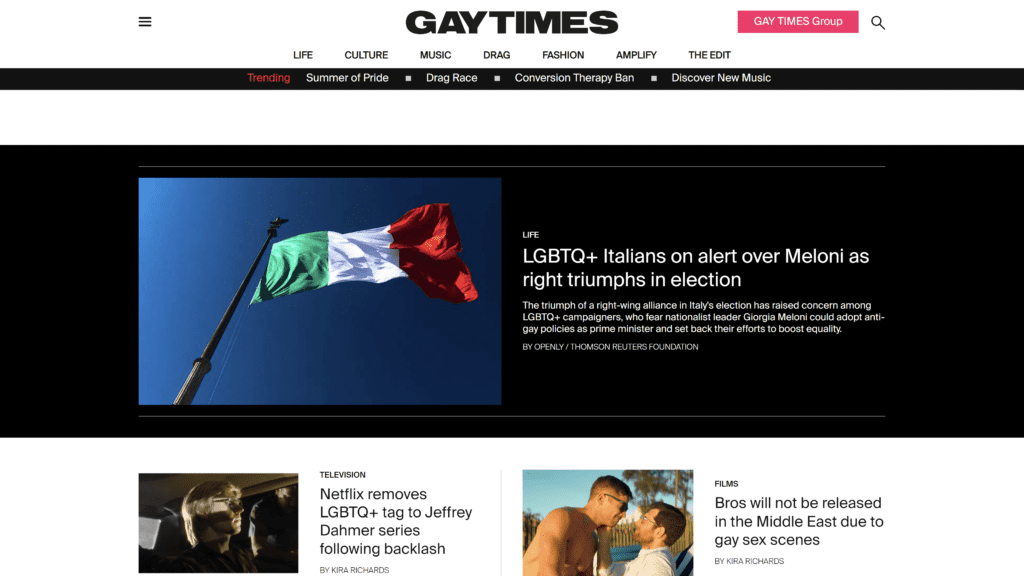 screenshot of the gaytimes homepage