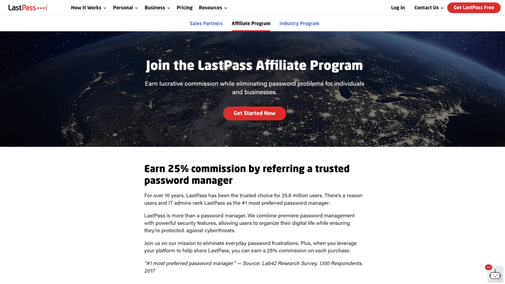 screenshot of the lastpass affiliate program homepage