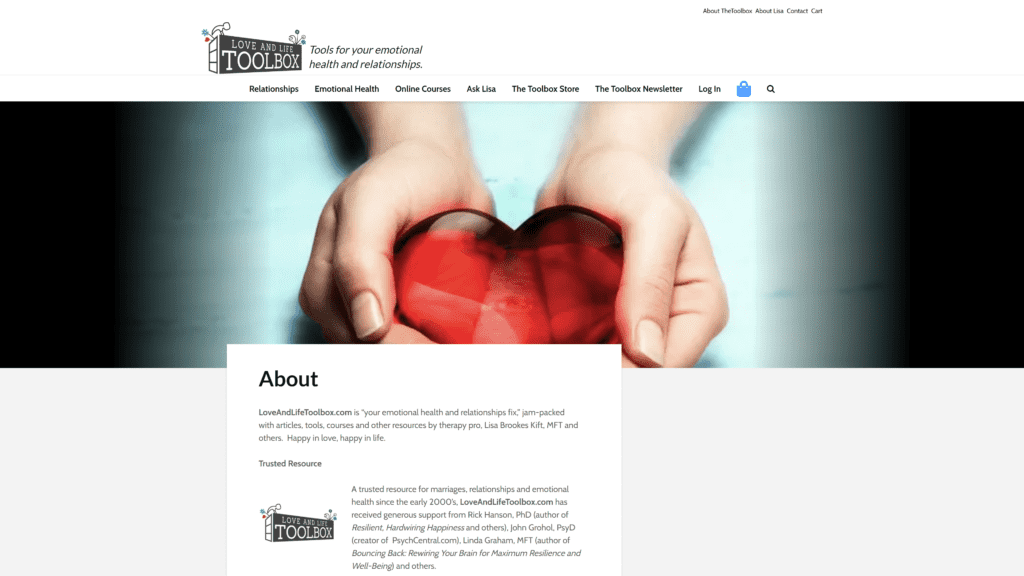 screenshot of the love and life toolbox homepage