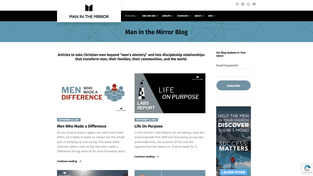 screenshot of the man in the mirror blog homepage