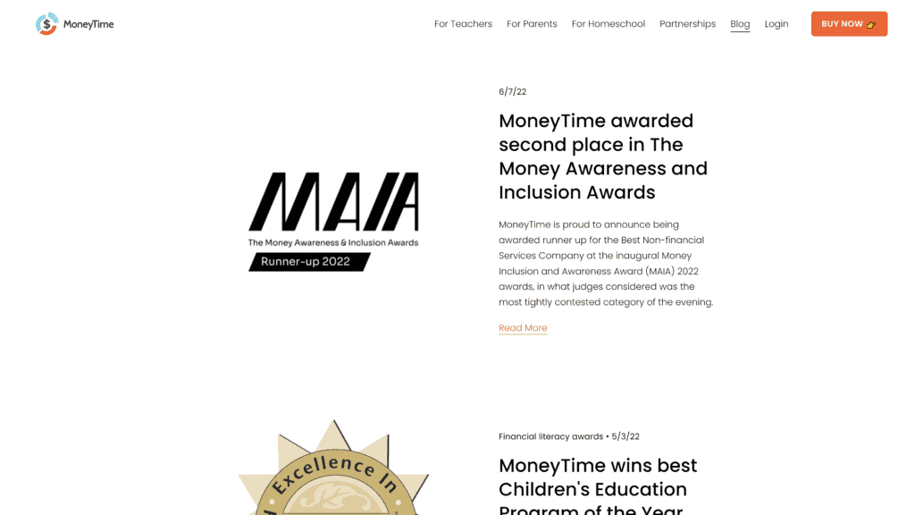 screenshot of the money time kids homepage
