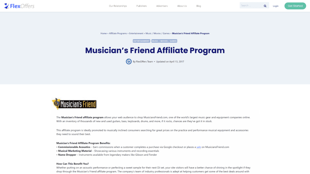 screenshot of the musicians-friend homepage