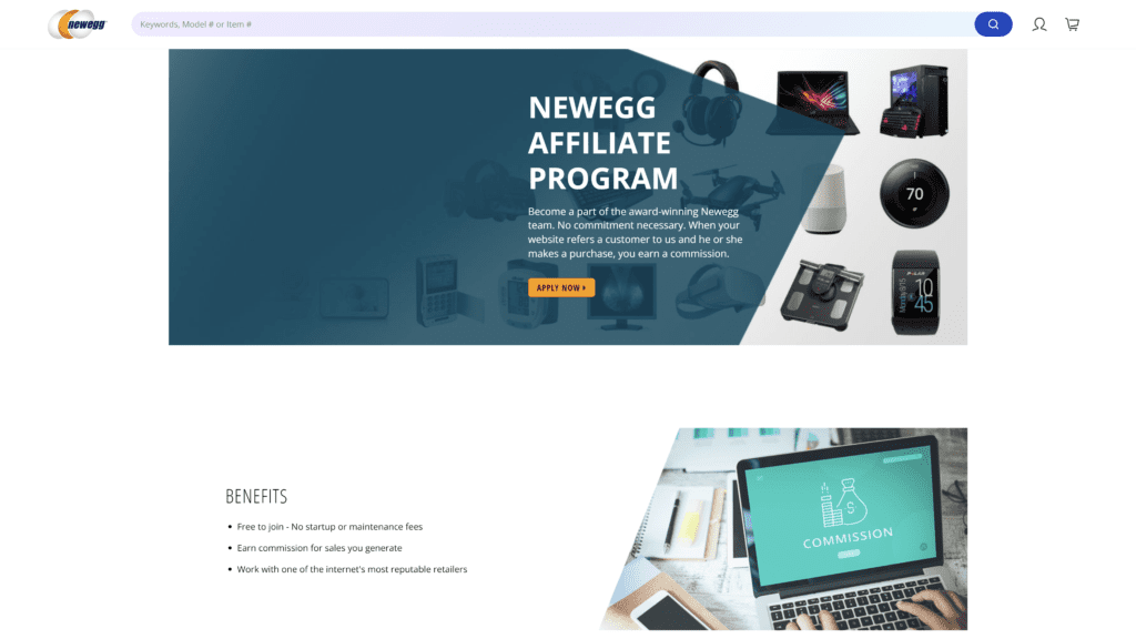 screenshot of the newegg affiliate program homepage