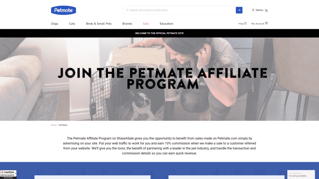 screenshot of the petmate affiliate program homepage