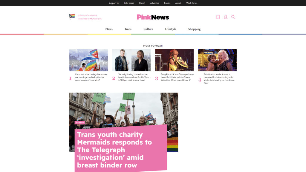screenshot of the pink news homepage