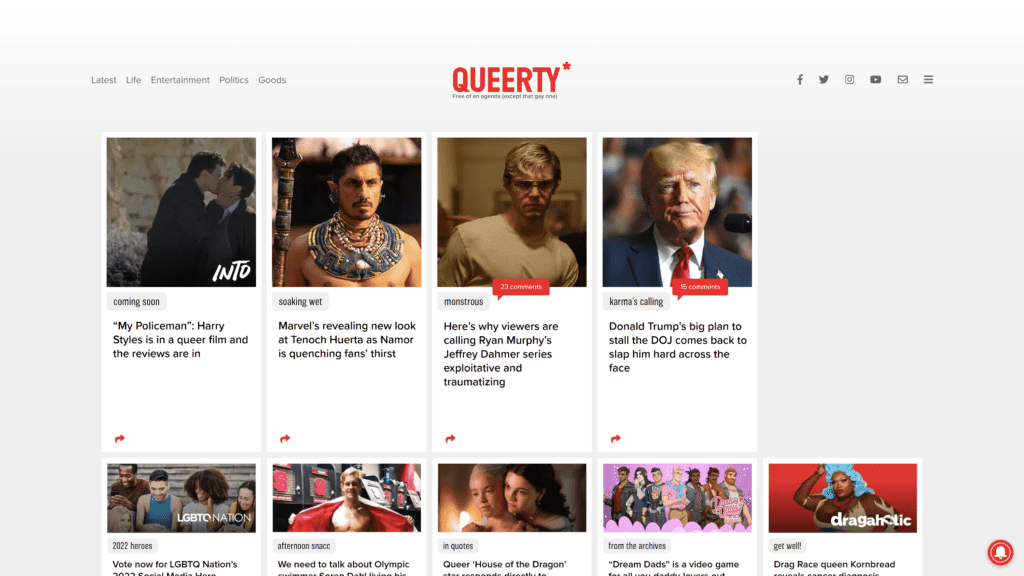 screenshot of the queerty homepage