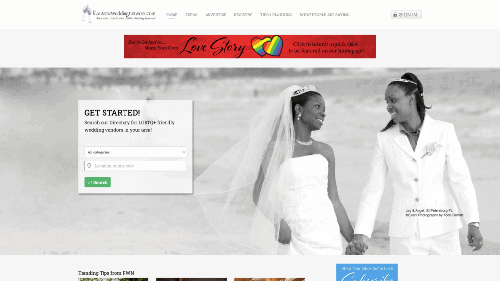 screenshot of the rainbow wedding network homepage