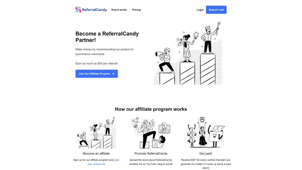 screenshot of the referralcandy affiliate program homepage