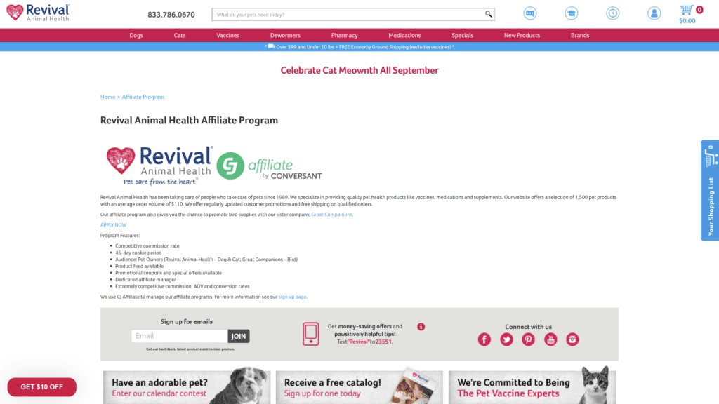 screenshot of the revival animal health affiliate program homepage