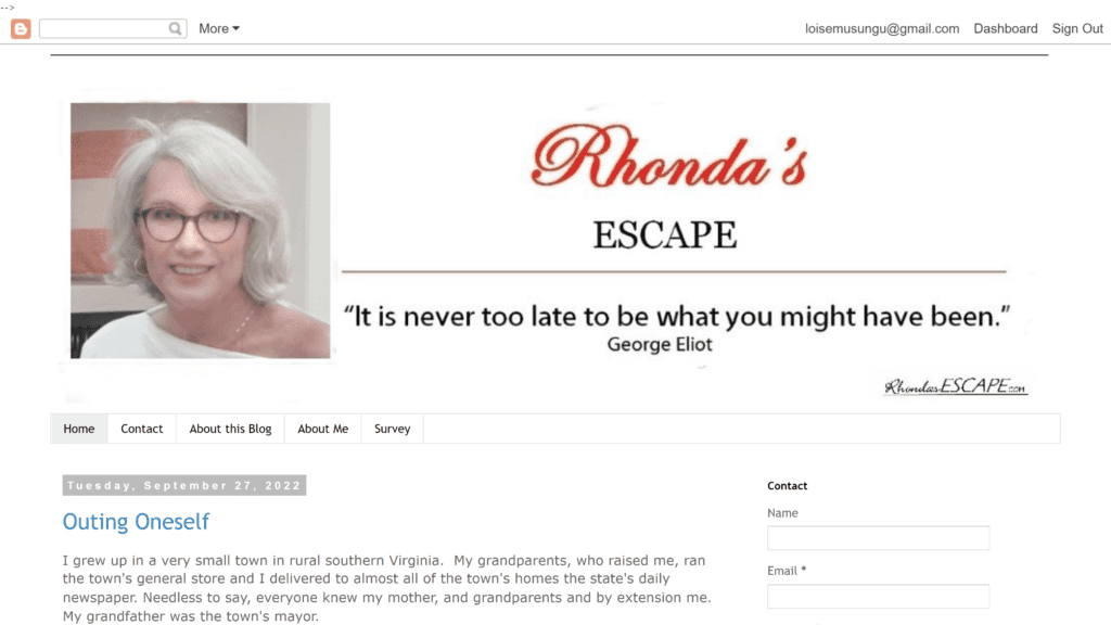 screenshot of the rhonda's escape homepage