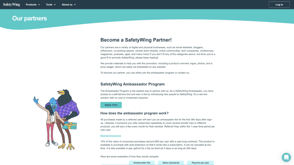 screenshot of the safety wing affiliate program homepage