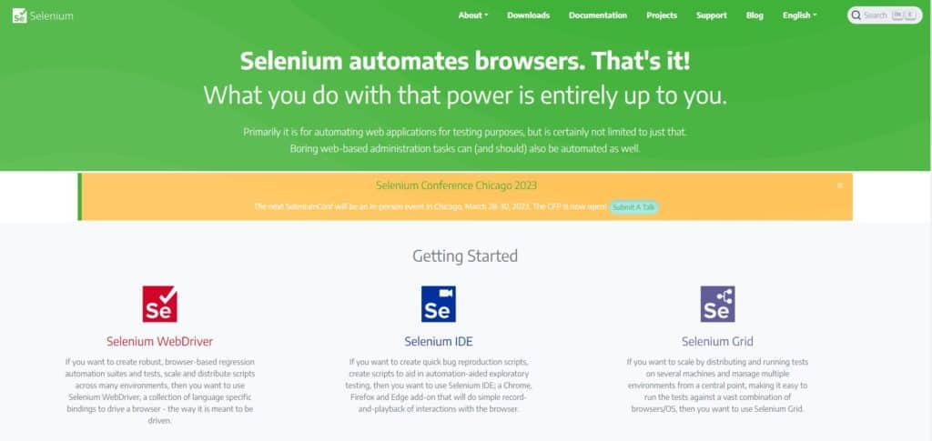 screenshot of the selenium homepage