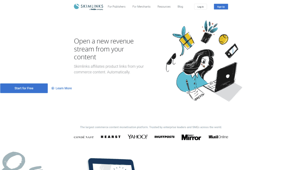 screenshot of the skimlinks affiliate program homepage