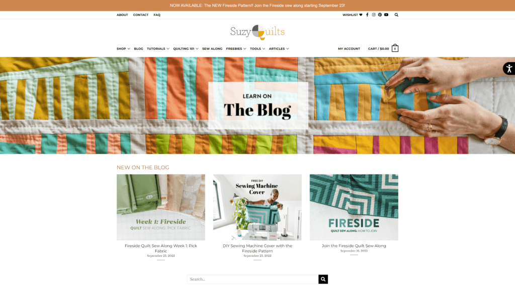 screenshot of the suzy quilts homepage