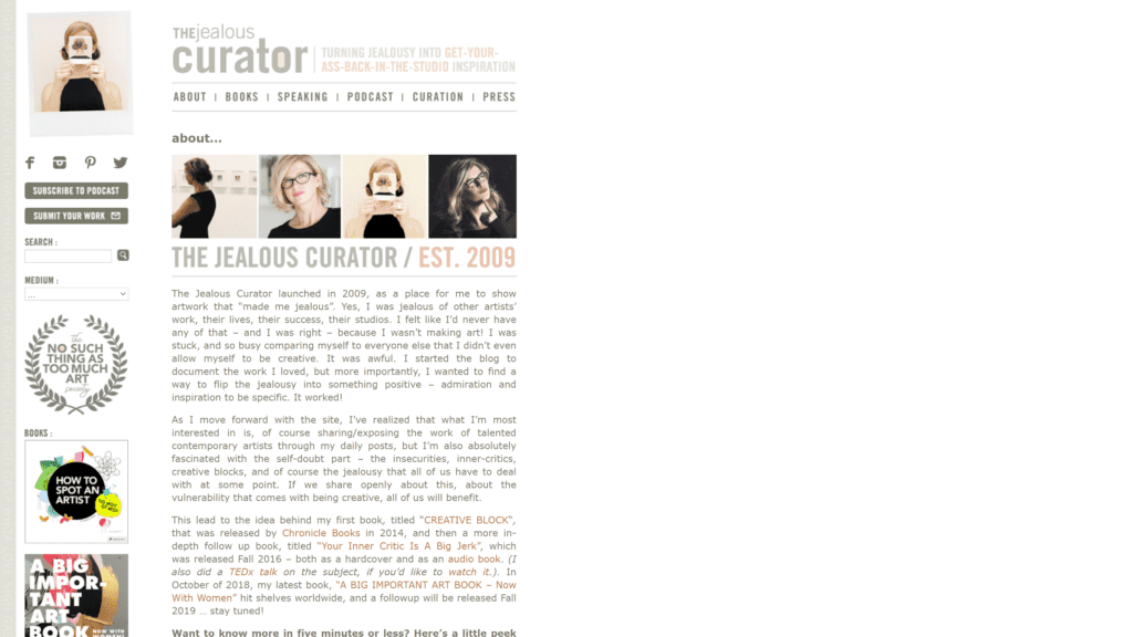 screenshot of the jealous curator homepage