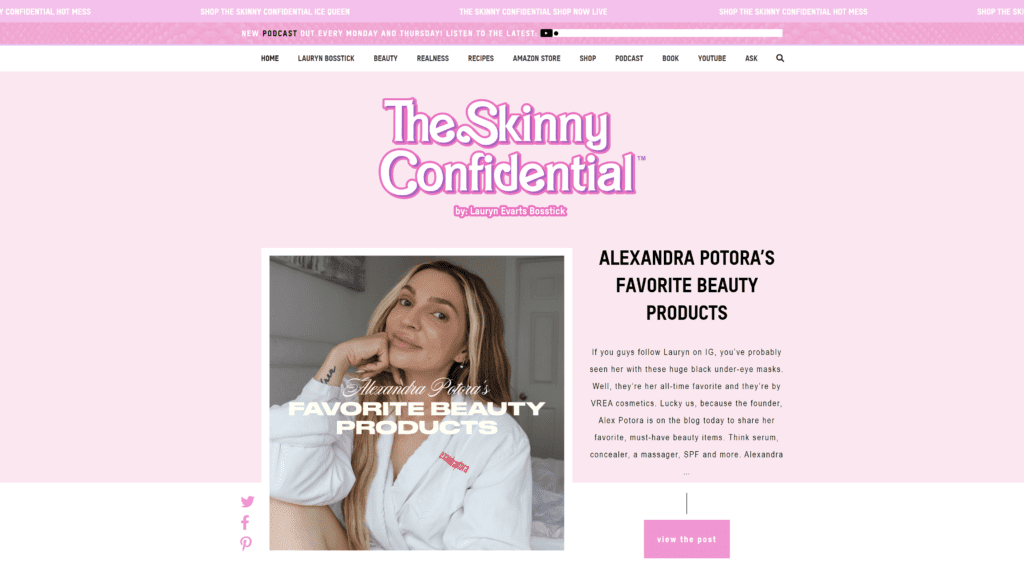 screenshot of the skinny confidential homepage