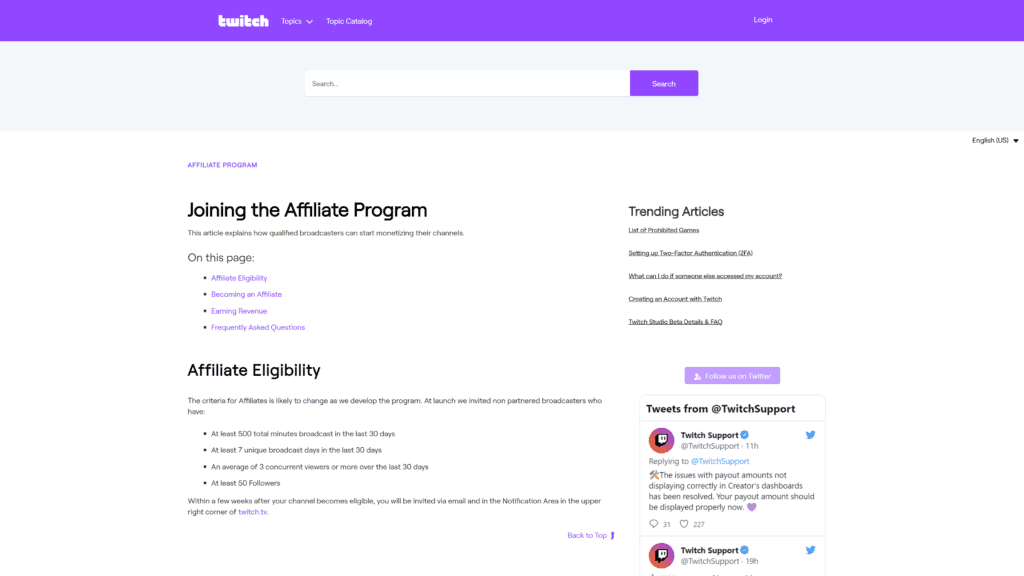 screenshot of the twitch affiliate program homepage