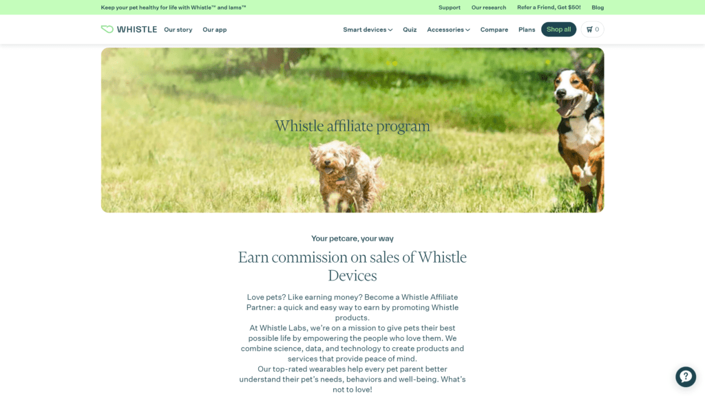 screenshot of the whistle affiliate program homepage