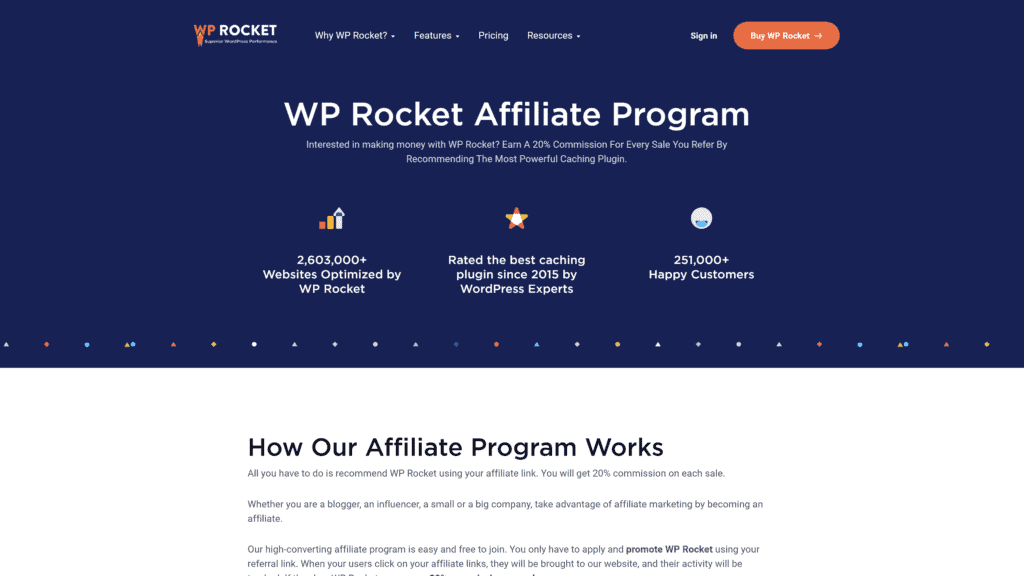 screenshot of the WP rocket affiliate program homepage
