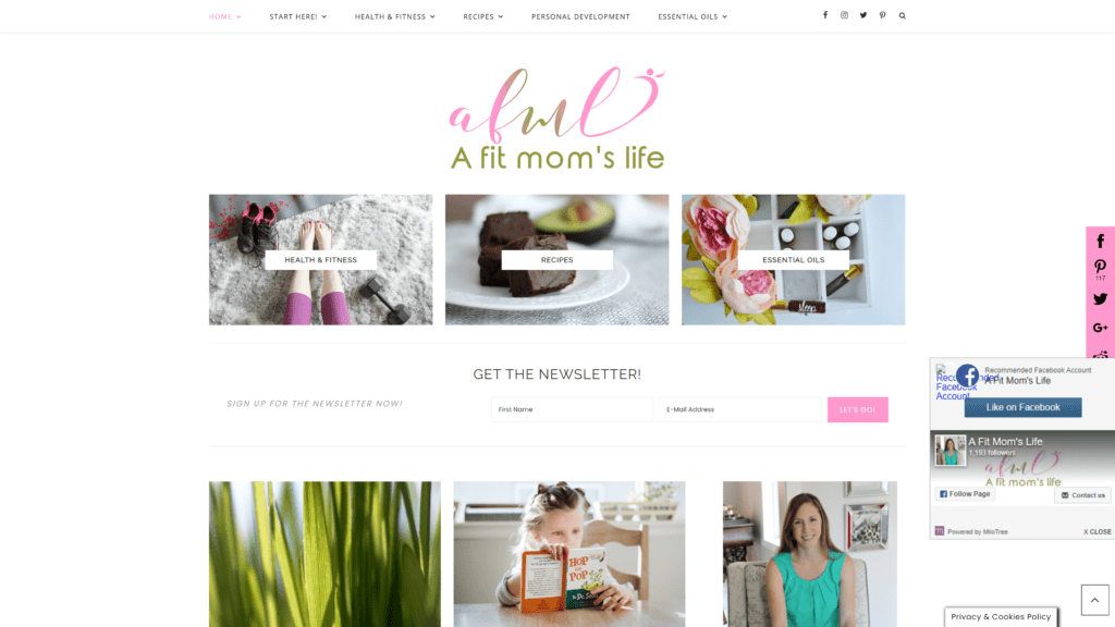 screenshot of the a fit moms life homepage