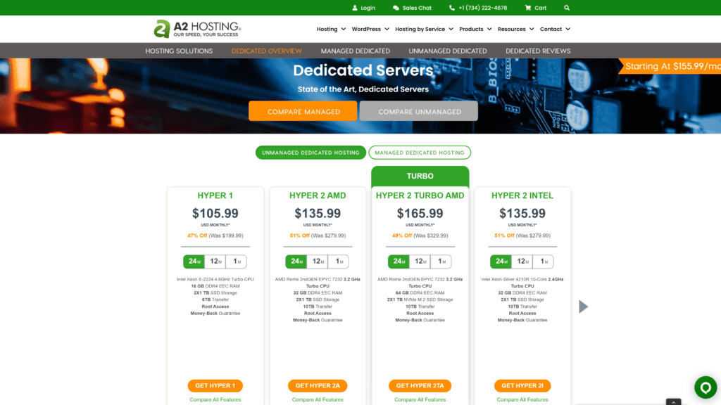 screenshot of the a2 hosting homepage