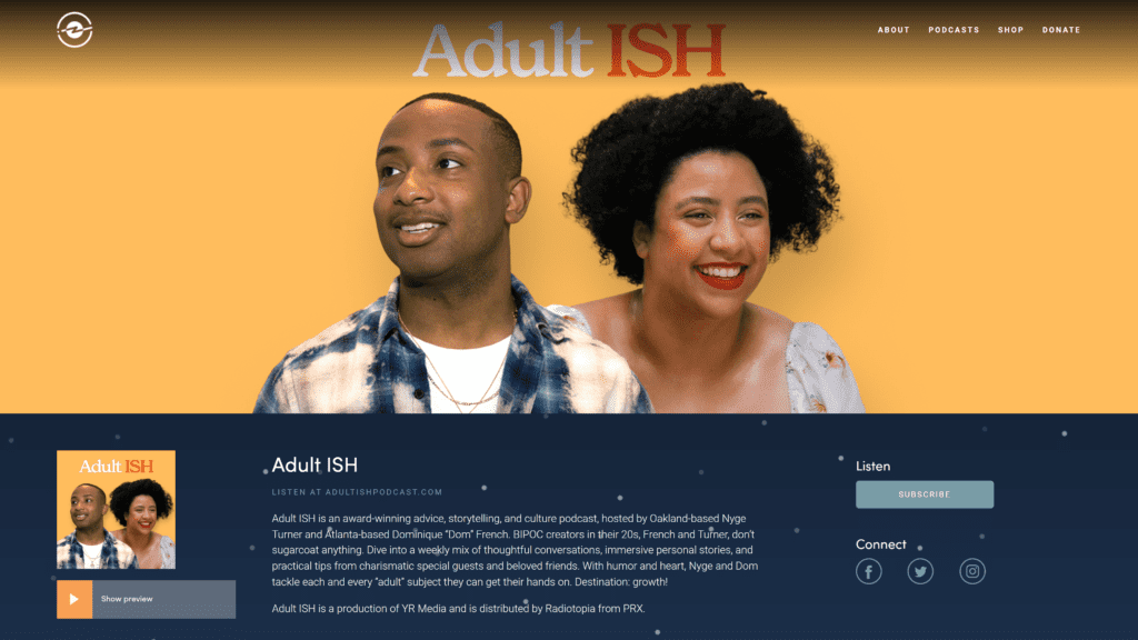screenshot of the adultish homepage