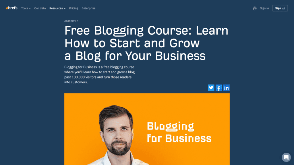 screenshot of the ahrefs academy blogging for business homepage