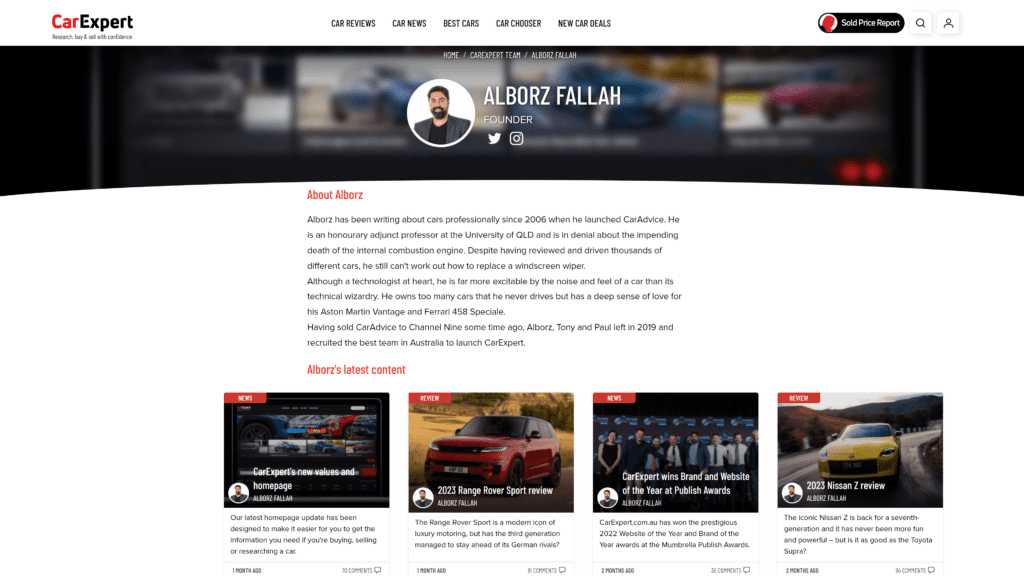 screenshot of the alborz fallah car expert homepage