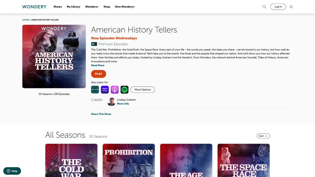 screenshot of the american history tellers homepage