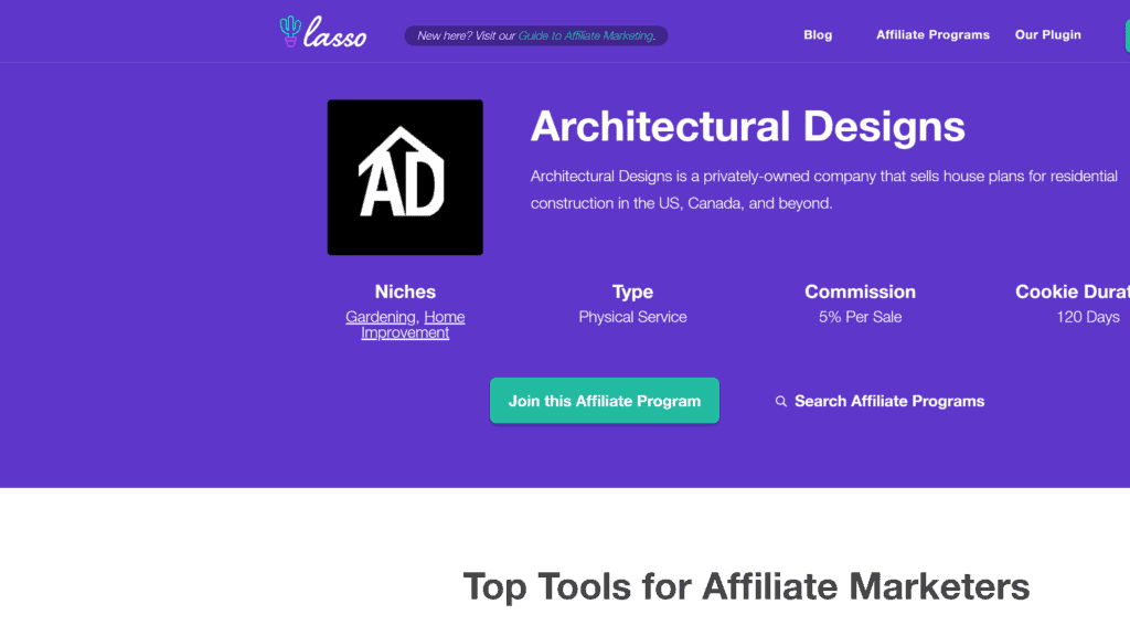 screenshot of the architectural designs affilite program homepage