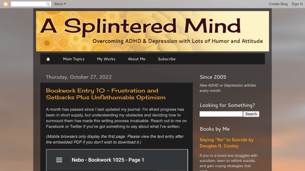 screenshot of the splintered mind homepage
