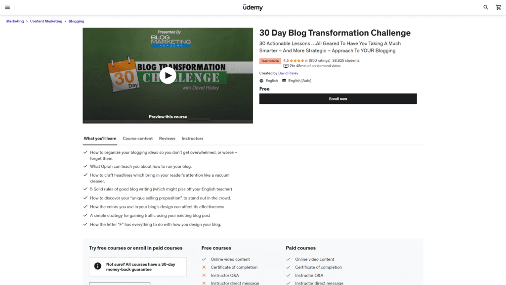 screenshot of the blog marketing academy30 day blog transformation challenge homepage