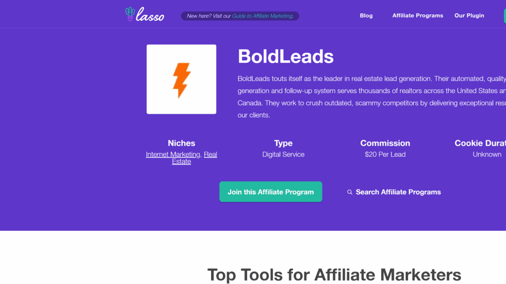 screenshot of the boldleads affiliate program homepage