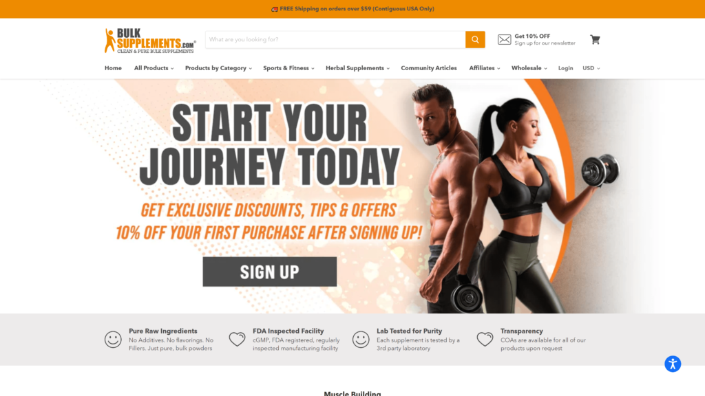 screenshot of the bulk supplements homepage
