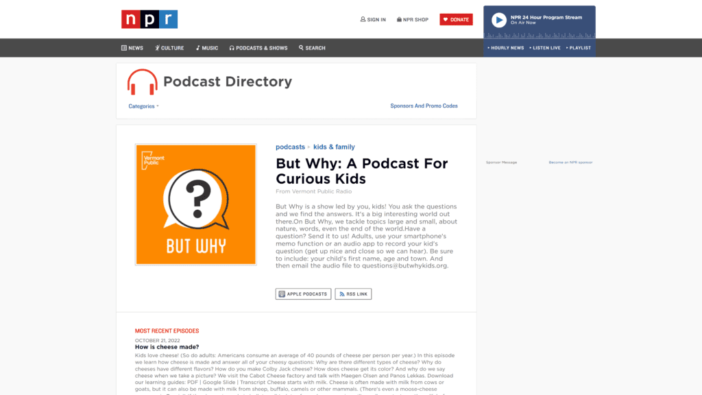 screenshot of the but why a podcast for curious kids homepage