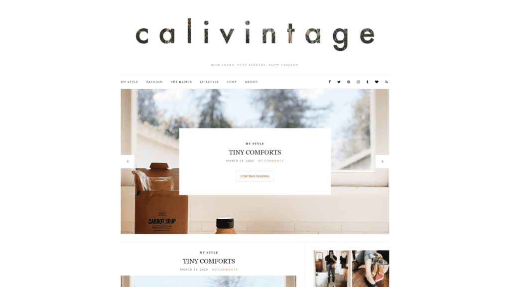 screenshot of the calivintage homepage